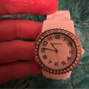 Geneva White Silicone Watch with Crystal Bezel